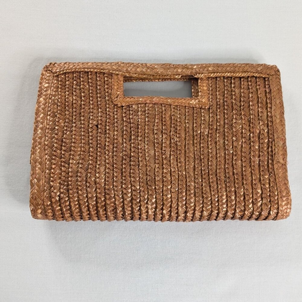 VTG Tan Woven Top Handle Front Pocket Claps Closure Clutch Bag - Picture 2 of 7